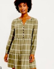 Loft Green Plaid Tiered Long Sleeve Fit & Flare Shirts Dress Sz XS