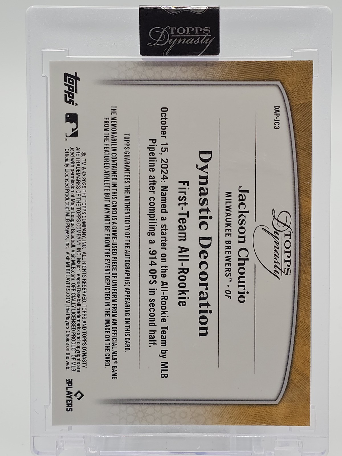 JACKSON CHOURIO 2025 TOPPS DYNASTY AUTO PATCH /10 #DAP-JC3 BREWERS Q3824 view 2