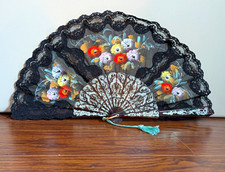 Folding Hand Fan Black Lace Floral Painted Design w/ Tassel Victorian Women