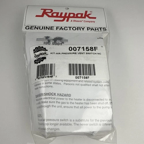 Raypak 007158F Kit-Air Pressure Vent Switch N/C .40" WC Brand New