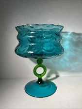 Mid-Century Empoli Italy Peacock Blue Draped Optic Compote Vase/Bowl – 1960s