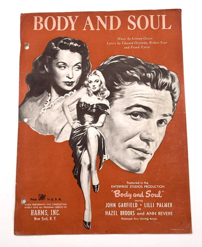 1947 JOHN GARFIELD Movie Sheet Music BODY AND SOUL