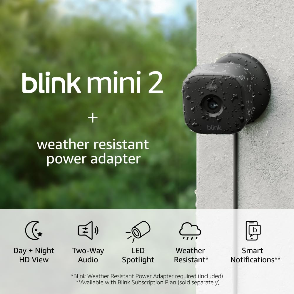 Mini 2 + Weather Resistant Adapter — Plug-In Smart Security Camera, Indoor/Outdo