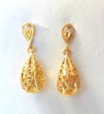 Solid 14K Yellow Gold Laser Cut Filigree Cage Dangle Post Earrings .98"