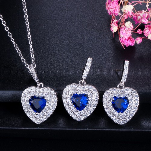 Silver Plated Purple Love Heart CZ Pendant Necklace Earrings Women Jewelry Set - Bild 9 von 24
