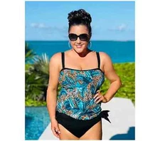 Kim Gravel Bandeau Blouson Tankini with Tie-Cheetah Tropics-Reg 2 A588738 NEW