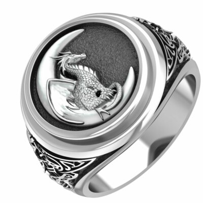 Men's Dragon Ring Punk Viking Nordic Dragon on Moon Jewelry