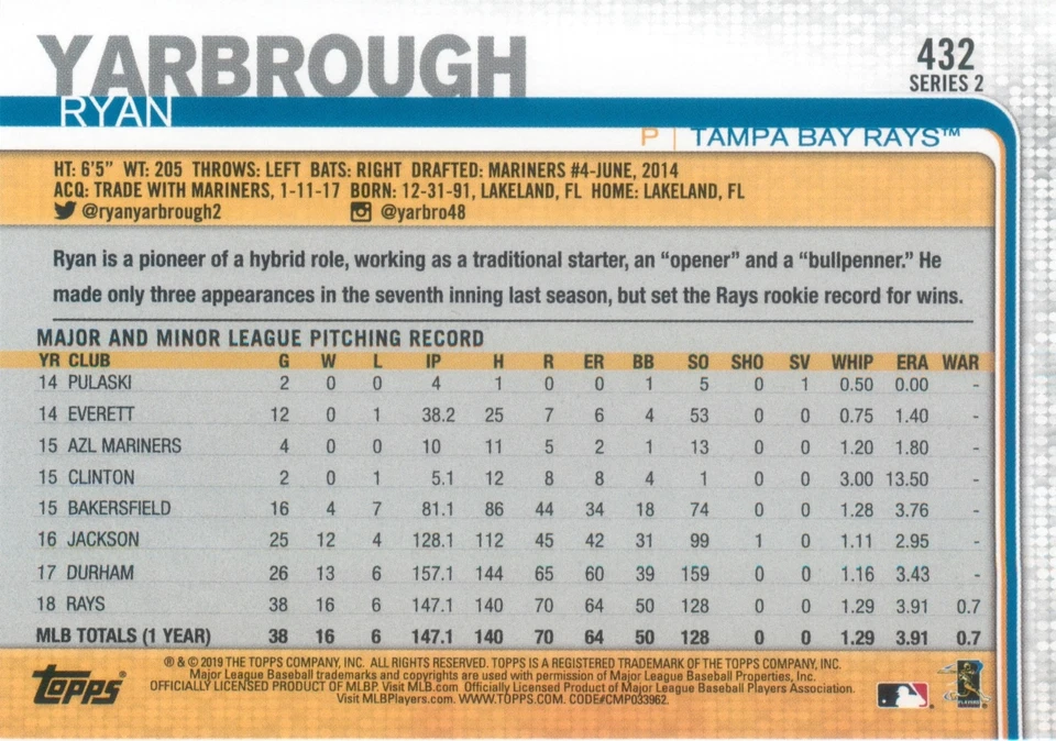 Ryan Yarbrough 2019 Topps Series 2 Baseball Card #432 Bay Rays Gold Rookie Cup - Image 2 of 2