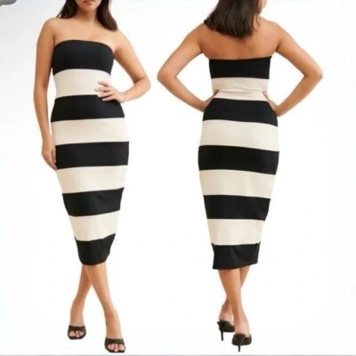 Susana Monaco Striped Black and White Tube Bodycon Midi Dress size  NWT