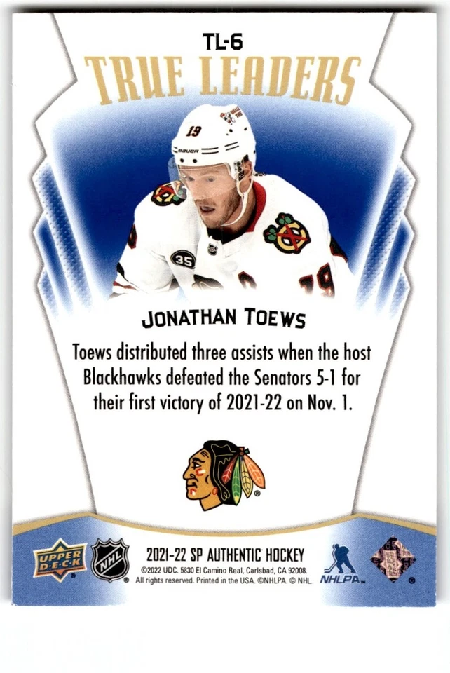 Jonathan Toews 2021-22 SP Authentic True Leaders Blue #TL-6 Chicago Blackhawks - Image 2 of 2