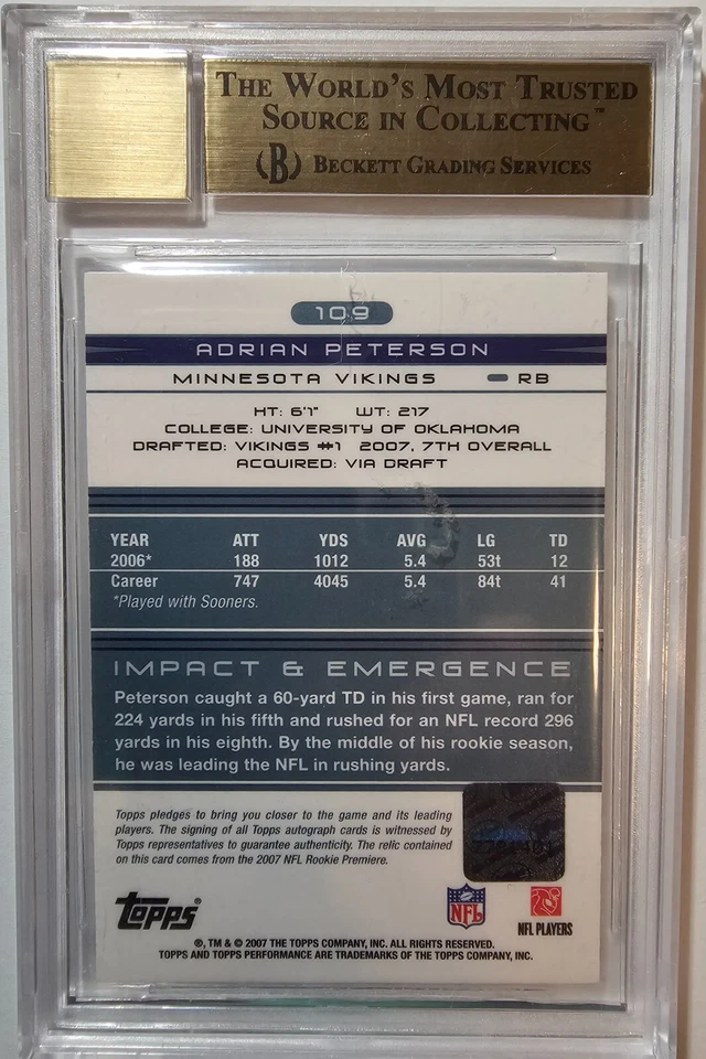 2007 Adrian Peterson Topps Performance Rookie Auto Patch BGS 9.5 - Image 2 of 2