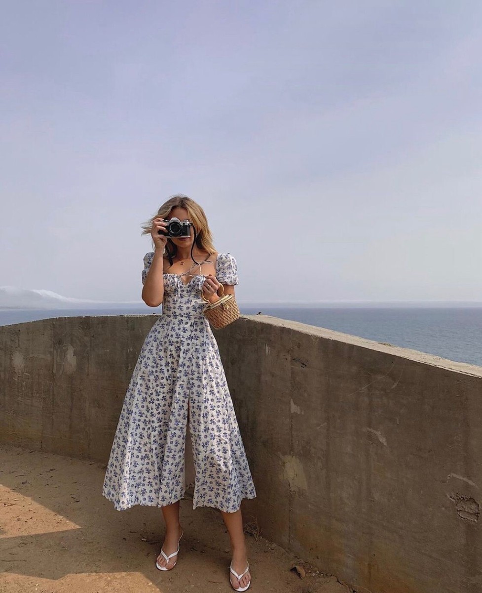 House Of CB Tallulah Blue White Floral Thigh Split Midi Dress XS - Main Image