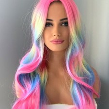 Long Wavy Neon Rainbow Synthetic 26 inch Wig