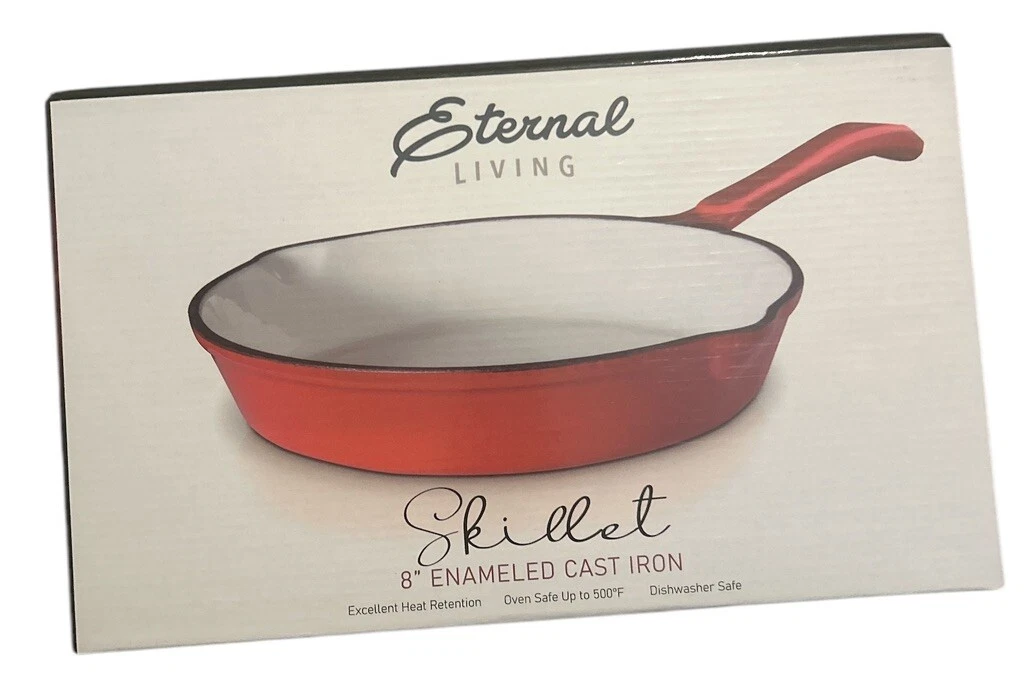Eternal Living Cast Iron Skillet 8” Enameled Round Red & White NIB