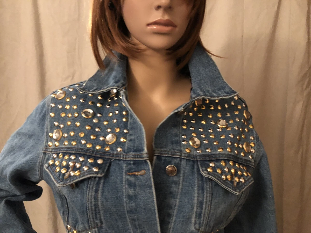Vintage 1980s Embellished Cropped Jean Jacket Coat Studs by Gazoz USA Medium