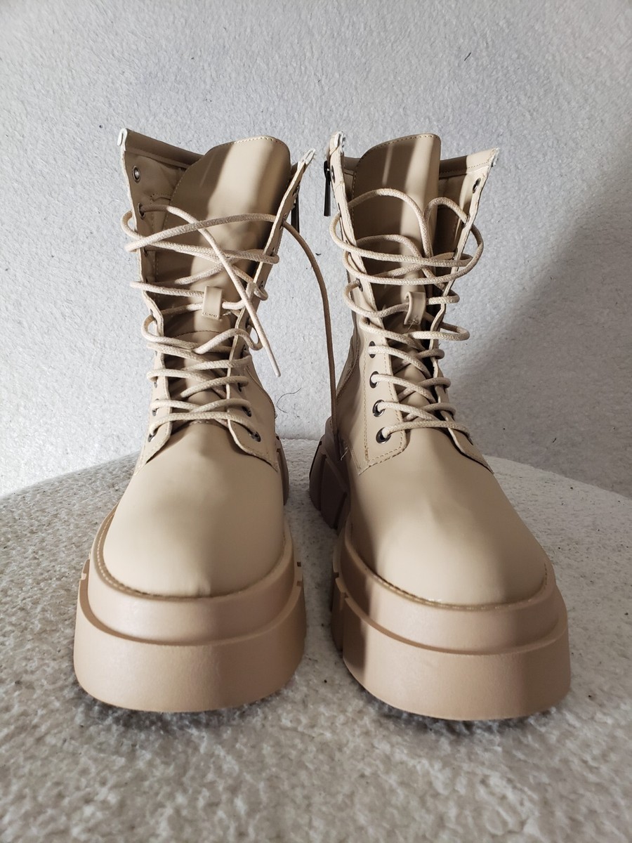 Forever21 / パンプス Forever 21 Women Boots 9 Beige PU Leather Zip Lace Up Chunky