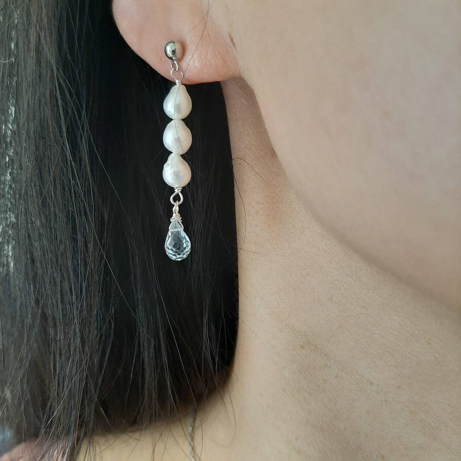 Boucles d'oreilles topaze bleue perles de culture argent 925 pour femme