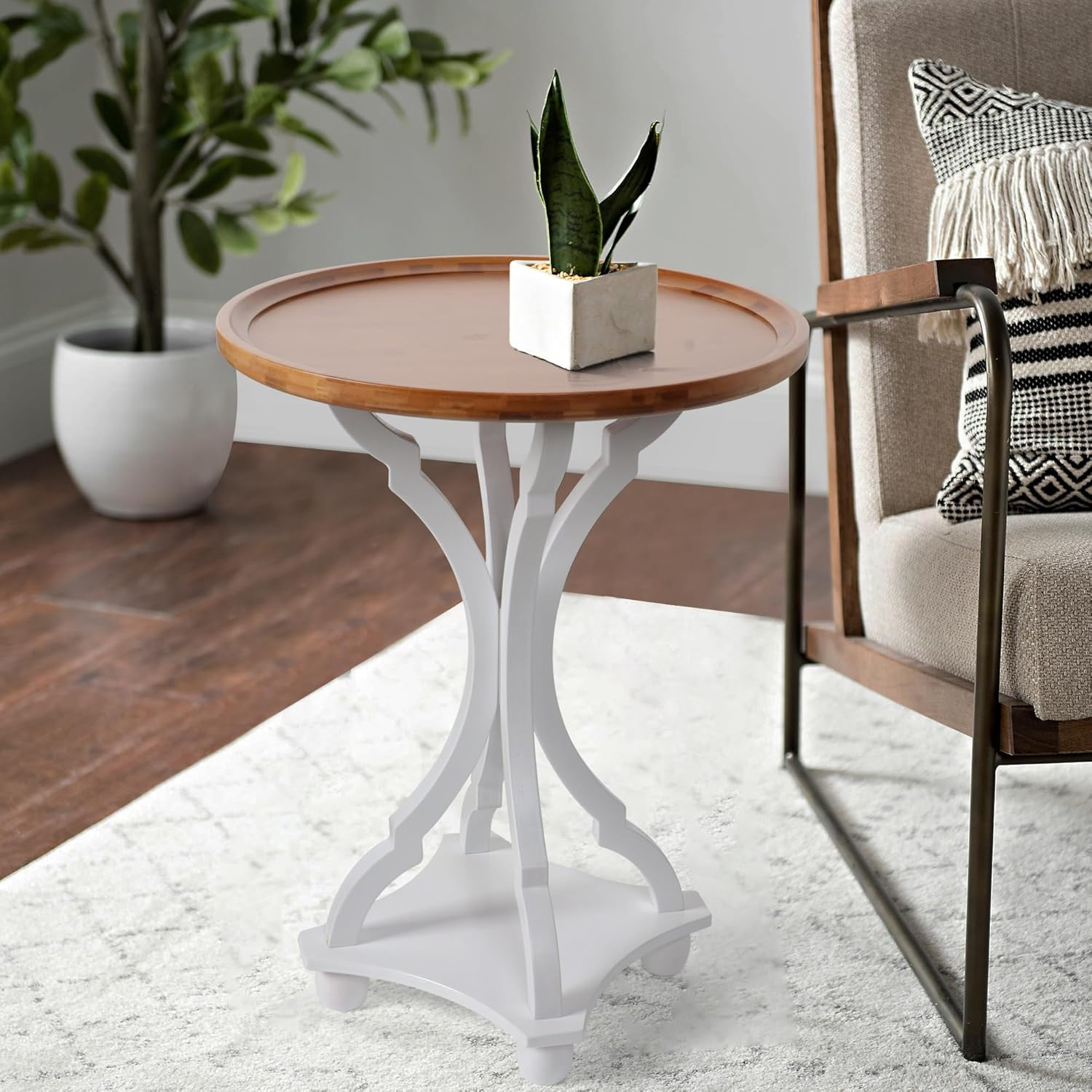 Rustic Round Bamboo Side Table for Living Room Vintage Style