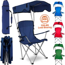 Heavy Duty Camping Chair With Canopy Shade Portable Folding Chair w/ Cup Holder