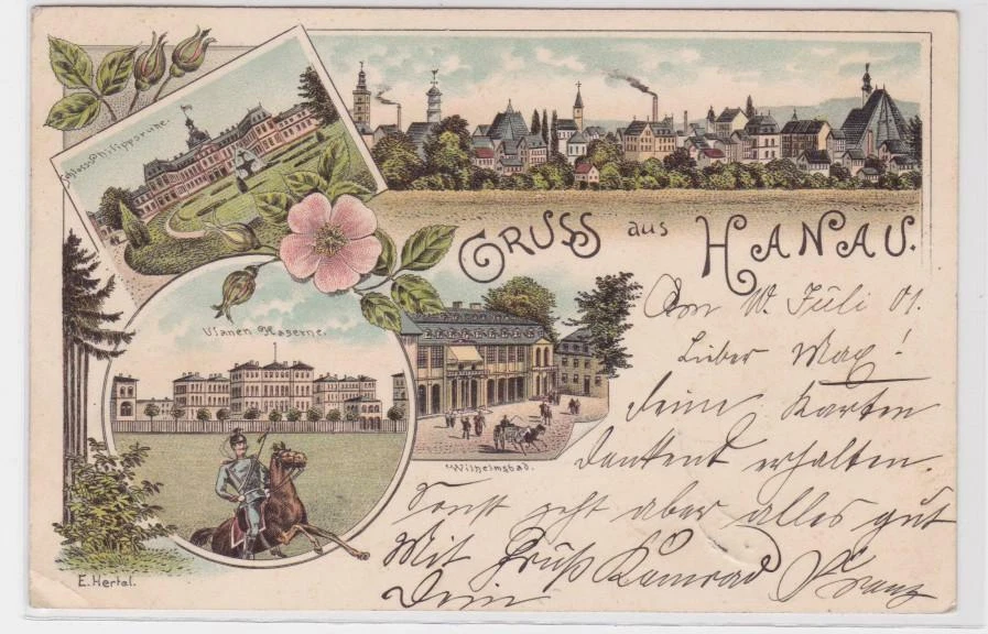 94629 Ak Lithographie Gruß aus Hanau Ulanen Kaserne 1901 - Bild 1 von 1