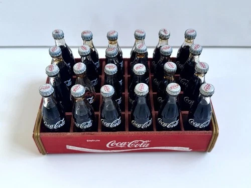 Vintage 24 Miniature 3" Coca Cola Glass Bottles in Red Wood Crate