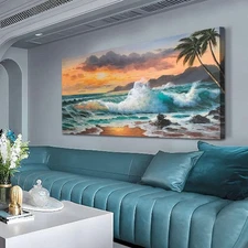 Ardemy Palm Tree Canvas Wall Art Beach Sunset Seawave Tropical Picture Blue O...