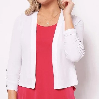 Susan Graver Liquid Knit Ruched Sleeve Shrug with Button Detail-White-2X-A470174
