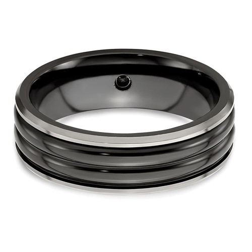 Black & Grey Titanium Edge .03 Ct Diamond Sterling Silver 7mm Band Ring Size 12 - Picture 5 of 7