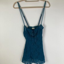 Vintage Y2K Fredericks Of Hollywood Teal Lace Floral Cami Size XS Sheer Nylon