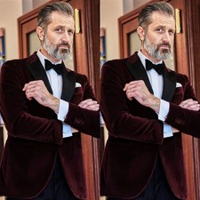 Burgundy Velvet Men's Suits Peak Lapel Dinner Party Prom Groom Men Tuxedos