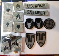 Lot of 13 US Army ACU Patches for Various Units, name tapes and rank used new