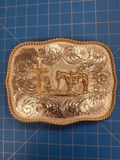 Montana Silversmiths Cowboy Horse Cross Western Belt Buckle Silver Gold Tone