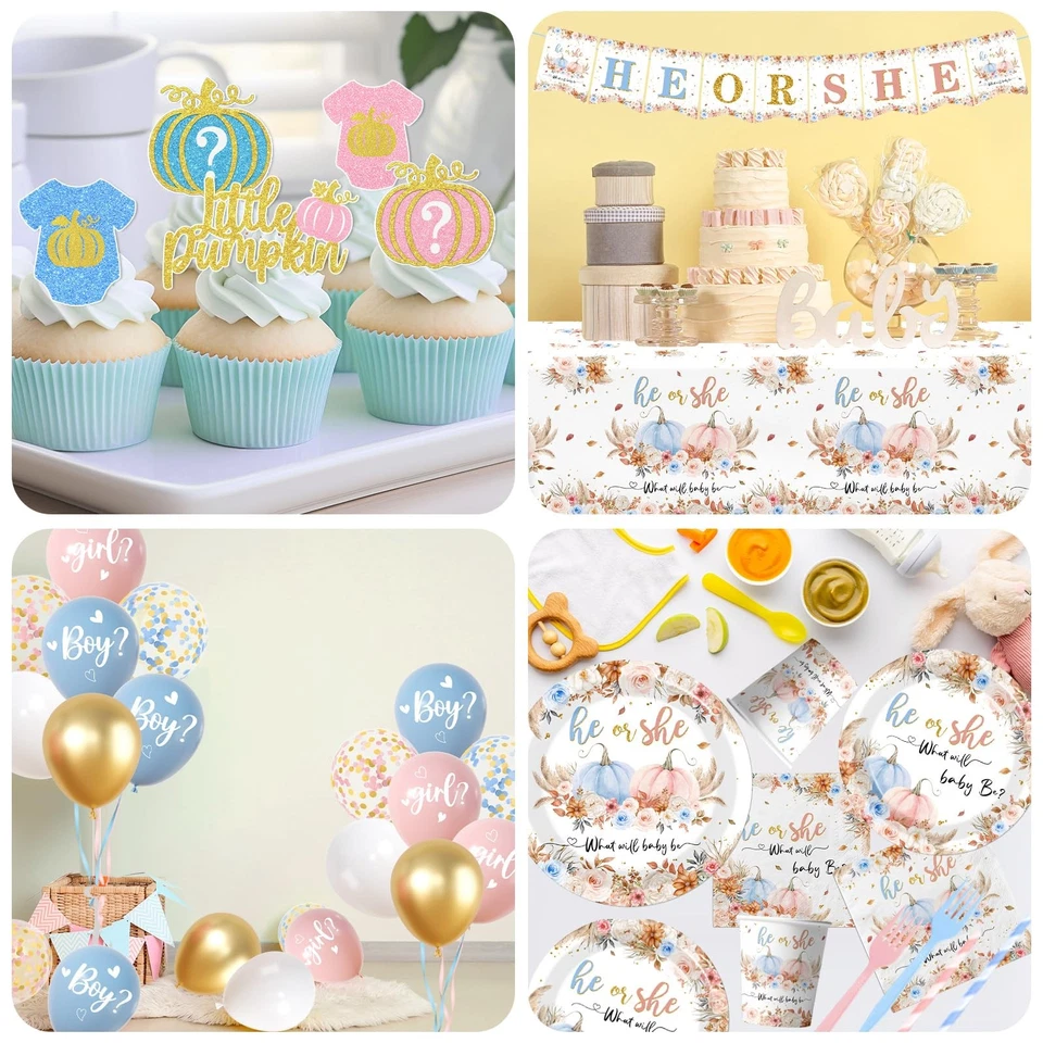 182 PCS Pumpkin Gender Reveal Decorations, Fall, He or She Plates, Napkins, Cups - Image 2 of 4