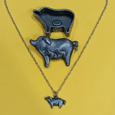 Torino Vintage Pewter Pig Trinket Box Jewelry Set, Necklace, Earrings, Brooch