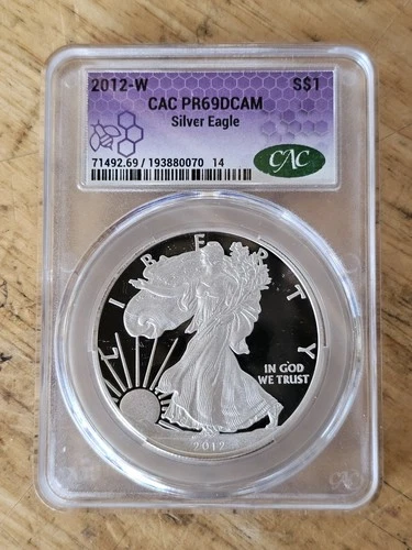 2012 W Silver Eagle CAC PR69 DCAM American Silver Eagle PCGS Gaded Purple