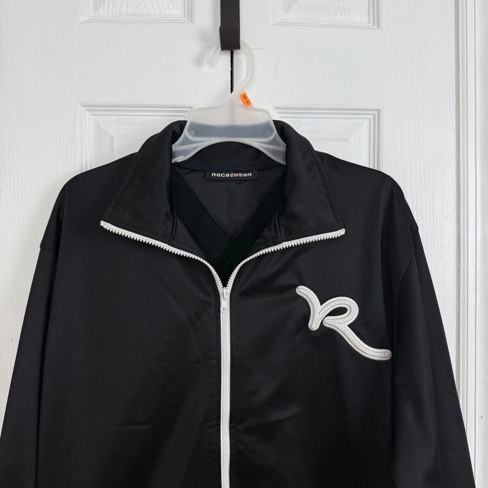 Chaqueta deportiva Rocawear Y2K negra blanca cremallera completa logotipo ribete hip hop ropa de calle XL Foto 2 de 4
