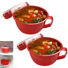 2 Pk Microwave Soup Bowl Lid Cup Noodle Cooker Oat 44oz BPA Free Container To Go