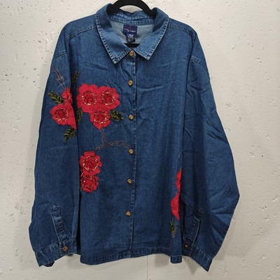 VTG CST Blues Top Womens 4X Blue Chambray Denim Red Rose Applique 90s NWT