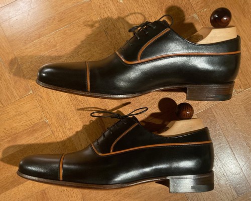 A.Testoni Black Label Black Tan Trim Oxford Dress Shoes US8
