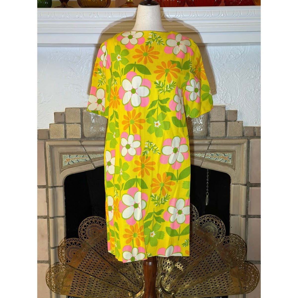 Vtg 60s Psychedelic Mod Shift Dress Yellow Floral Daisy Flower Power Talon Zip L Vtg 60s Psychedelic Mod Shift Dress Yellow Floral Daisy Flower Power Talon Zip L
