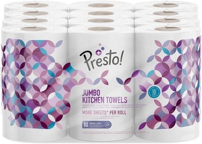 Presto! Jumbo Küchenrollen 18 Rollen 3-lagige Blätter 80 Stück Haushaltspapier