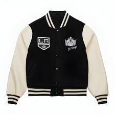 Los Angeles Kings Black Body Cream Leather Letterman Varsity Jacket Men Size L