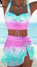 3 Teiliges Bikini - Set mit Rock Pink Türkis Größe 40 Neu