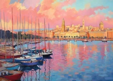 Vibrant Harbor Scene Wall Art Poster - Impressionist Style Home Decor