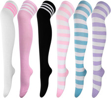 6 Pairs Women  s High Thigh Over Knee Striped Socks Thin Long Stockings