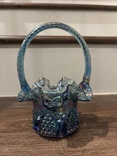 Fenton 7.5" Button Arch Twlight Blue Iridescent Ron Bayles Artist Glass Basket