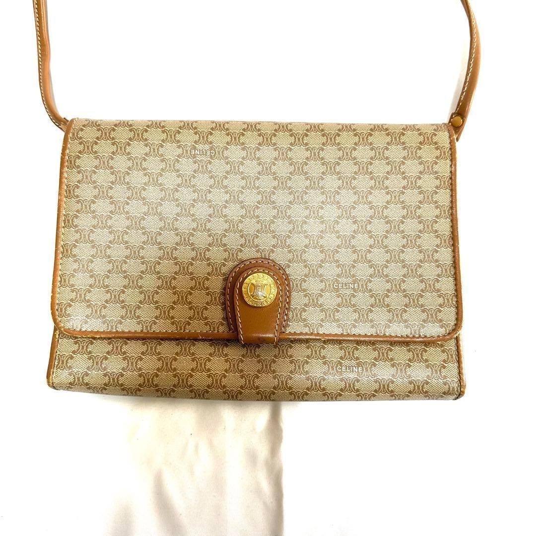 CELINE Vintage Macadam Shoulder Bag Beige PVC Leather Discontinued Classic