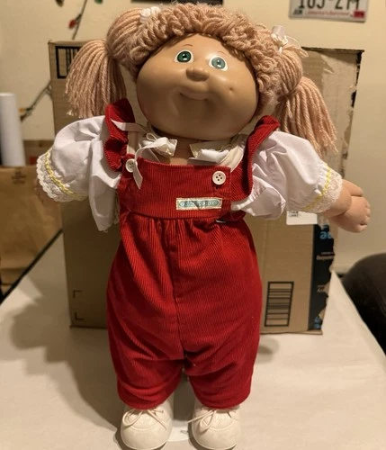 Vintage Cabbage Patch Kids Doll Blonde Yarn Hair Red Corduroy Outfit w/ Stand