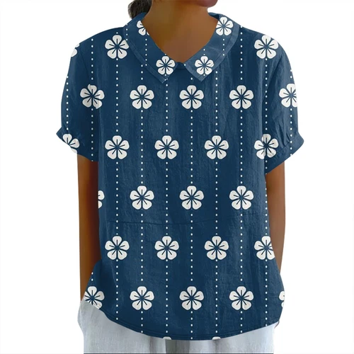 Damen Puppenkragen Hemd Baumwolle Leinen Blumenmuster Peter Pan Kragen Ärmel Shirts - Bild 21 von 56
