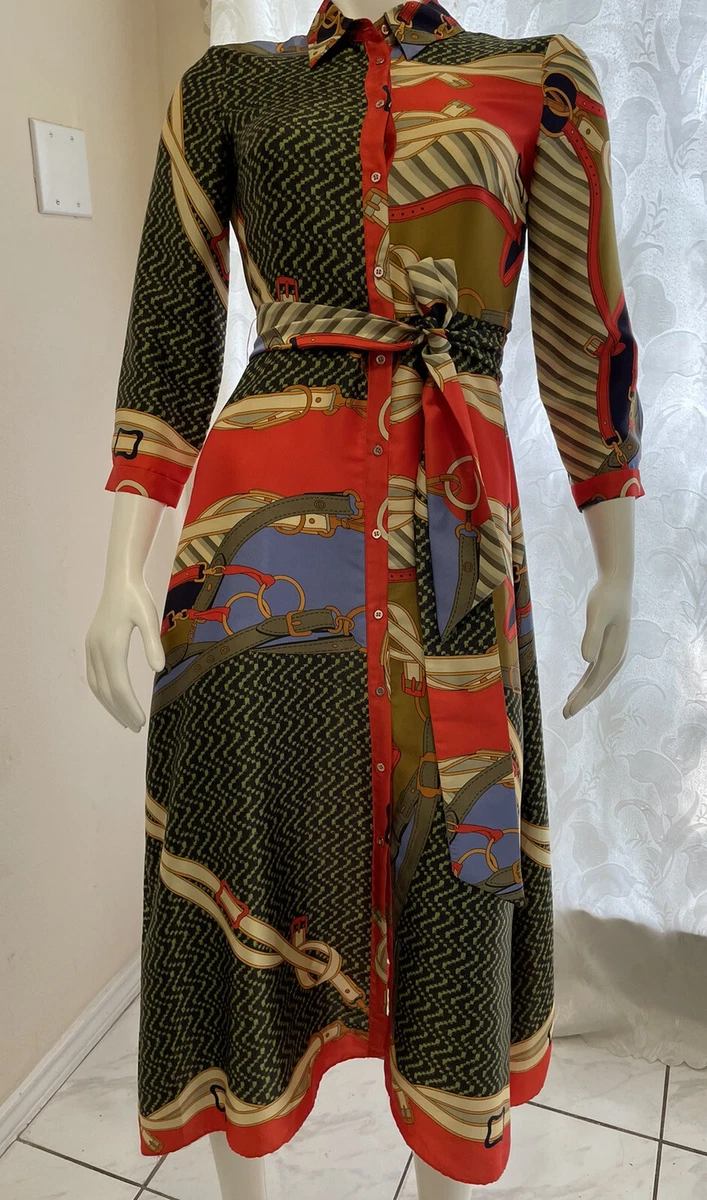 Zara Iconic Chain Print Belted Midi Shirt Dress Size Medium
